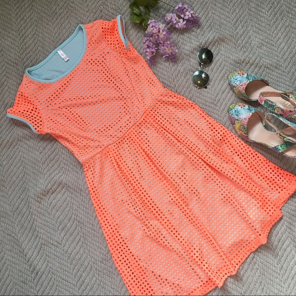 Xhilaration Dresses & Skirts - 🔮Neon Orange Mesh Mini w/ Powder Blue lining
